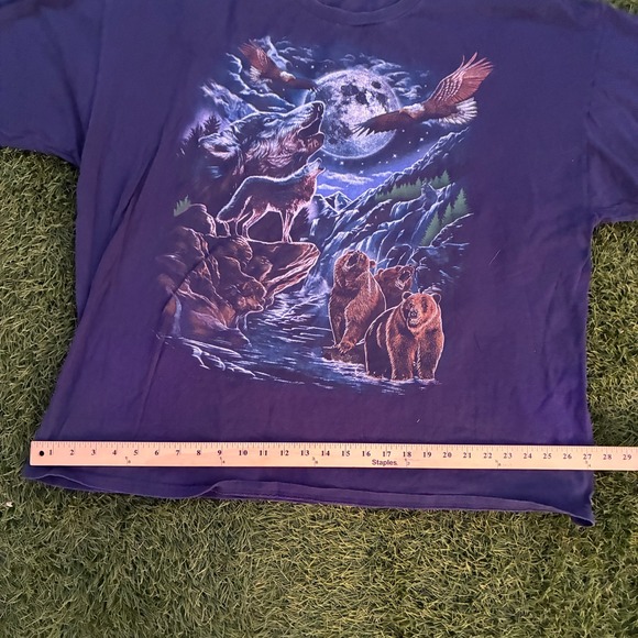 Vintage Men's 3XL Faded Black Nature Scene Wolves Bears Eagles With Full Moon - Picture 7 of 8